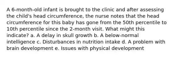 A 6-month-old infant is brought to the clinic and after assessing the child's head circumference, the nurse notes that the head circumference for this baby has gone from the 50th percentile to 10th percentile since the 2-month visit. What might this indicate? a. A delay in skull growth b. A below-normal intelligence c. Disturbances in nutrition intake d. A problem with brain development e. Issues with physical development