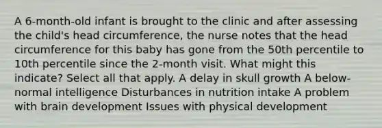 A 6-month-old infant is brought to the clinic and after assessing the child's head circumference, the nurse notes that the head circumference for this baby has gone from the 50th percentile to 10th percentile since the 2-month visit. What might this indicate? Select all that apply. A delay in skull growth A below-normal intelligence Disturbances in nutrition intake A problem with brain development Issues with physical development