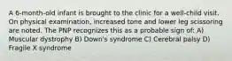 A 6-month-old infant is brought to the clinic for a well-child visit. On physical examination, increased tone and lower leg scissoring are noted. The PNP recognizes this as a probable sign of: A) Muscular dystrophy B) Down's syndrome C) Cerebral palsy D) Fragile X syndrome