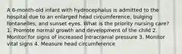 A 6-month-old infant with hydrocephalus is admitted to the hospital due to an enlarged head circumference, bulging fontanelles, and sunset eyes. What is the priority nursing care? 1. Promote normal growth and development of the child 2. Monitor for signs of increased intracranial pressure 3. Monitor vital signs 4. Measure head circumference