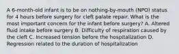 A 6-month-old infant is to be on nothing-by-mouth (NPO) status for 4 hours before surgery for cleft palate repair. What is the most important concern for the infant before surgery? A. Altered fluid intake before surgery B. Difficulty of respiration caused by the cleft C. Increased tension before the hospitalization D. Regression related to the duration of hospitalization