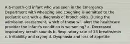 A 6-month-old infant who was seen in the Emergency Department with wheezing and coughing is admitted to the pediatric unit with a diagnosis of bronchiolitis. During the admission assessment, which of these will alert the healthcare provider the infant's condition is worsening? a. Decreased inspiratory breath sounds b. Respiratory rate of 38 breaths/min c. Irritability and crying d. Dysphasia and loss of appetite