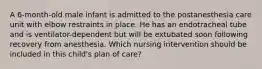 A 6-month-old male infant is admitted to the postanesthesia care unit with elbow restraints in place. He has an endotracheal tube and is ventilator-dependent but will be extubated soon following recovery from anesthesia. Which nursing intervention should be included in this child's plan of care?