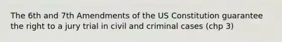 The 6th and 7th Amendments of the US Constitution guarantee the right to a jury trial in civil and criminal cases (chp 3)