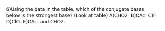 6)Using the data in the table, which of the conjugate bases below is the strongest base? (Look at table) A)CHO2- B)OAc- C)F- D)ClO- E)OAc- and CHO2-
