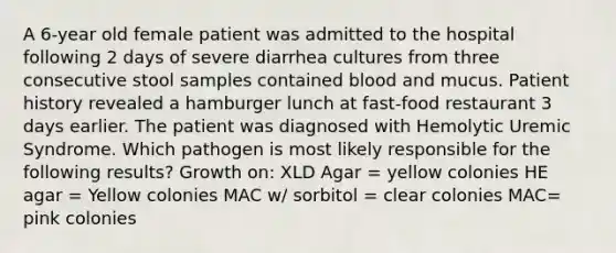 A 6-year old female patient was admitted to the hospital following 2 days of severe diarrhea cultures from three consecutive stool samples contained blood and mucus. Patient history revealed a hamburger lunch at fast-food restaurant 3 days earlier. The patient was diagnosed with Hemolytic Uremic Syndrome. Which pathogen is most likely responsible for the following results? Growth on: XLD Agar = yellow colonies HE agar = Yellow colonies MAC w/ sorbitol = clear colonies MAC= pink colonies