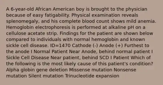 A 6-year-old African American boy is brought to the physician because of easy fatigability. Physical examination reveals splenomegaly, and his complete blood count shows mild anemia. Hemoglobin electrophoresis is performed at alkaline pH on a cellulose acetate strip. Findings for the patient are shown below compared to individuals with normal hemoglobin and known sickle cell disease. ID=1470 Cathode (-) Anode (+) Furthest to the anode I Normal Patient Near Anode, behind normal patient I Sickle Cell Disease Near patient, behind SCD I Patient Which of the following is the most likely cause of this patient's condition? Alpha globin gene deletion Missense mutation Nonsense mutation Silent mutation Trinucleotide expansion