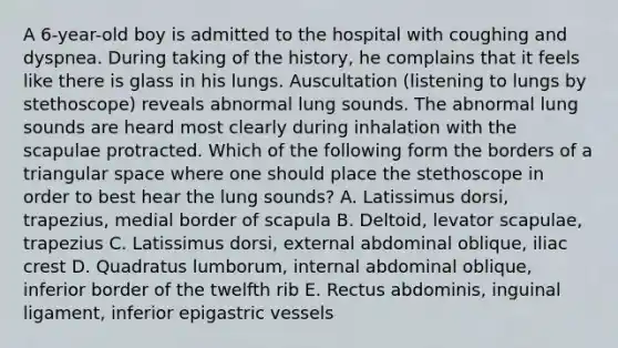 A 6-year-old boy is admitted to the hospital with coughing and dyspnea. During taking of the history, he complains that it feels like there is glass in his lungs. Auscultation (listening to lungs by stethoscope) reveals abnormal lung sounds. The abnormal lung sounds are heard most clearly during inhalation with the scapulae protracted. Which of the following form the borders of a triangular space where one should place the stethoscope in order to best hear the lung sounds? A. Latissimus dorsi, trapezius, medial border of scapula B. Deltoid, levator scapulae, trapezius C. Latissimus dorsi, external abdominal oblique, iliac crest D. Quadratus lumborum, internal abdominal oblique, inferior border of the twelfth rib E. Rectus abdominis, inguinal ligament, inferior epigastric vessels