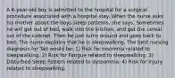 A 6-year-old boy is admitted to the hospital for a surgical procedure associated with a hospital stay. When the nurse asks his mother about the boys sleep patterns, she says, Sometimes he will get out of bed, walk into the kitchen, and get the cereal out of the cabinet. Then he just turns around and goes back to bed. The nurse explains that he is sleepwalking. The best nursing diagnosis for Tad would be: 1) Risk for Insomnia related to sleepwalking. 2) Risk for Fatigue related to sleepwalking. 3) Disturbed Sleep Pattern related to dyssomnia. 4) Risk for Injury related to sleepwalking.