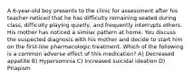 A 6-year-old boy presents to the clinic for assessment after his teacher noticed that he has difficulty remaining seated during class, difficulty playing quietly, and frequently interrupts others. His mother has noticed a similar pattern at home. You discuss the suspected diagnosis with his mother and decide to start him on the first-line pharmacologic treatment. Which of the following is a common adverse effect of this medication? A) Decreased appetite B) Hypersomnia C) Increased suicidal ideation D) Priapism