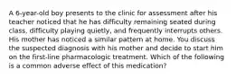 A 6-year-old boy presents to the clinic for assessment after his teacher noticed that he has difficulty remaining seated during class, difficulty playing quietly, and frequently interrupts others. His mother has noticed a similar pattern at home. You discuss the suspected diagnosis with his mother and decide to start him on the first-line pharmacologic treatment. Which of the following is a common adverse effect of this medication?