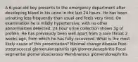 A 6-year-old boy presents to the emergency department after developing blood in his urine in the last 24 hours. He has been urinating less frequently than usual and feels very tired. On examination he is mildly hypertensive, with no other abnormalities detected. 24 hour urine collection shows 3g of protein. He has previously been well apart from a sore throat 2 weeks ago, from which he has fully recovered. What is the most likely cause of this presentation? Minimal change disease Post-streptococcal glomerulonephritis IgA glomerulonephritis Focal segmental glomerulosclerosis Membranous glomerulonephritis