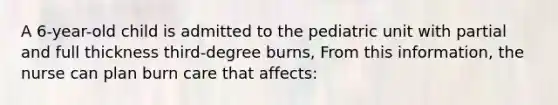 A 6-year-old child is admitted to the pediatric unit with partial and full thickness third-degree burns, From this information, the nurse can plan burn care that affects: