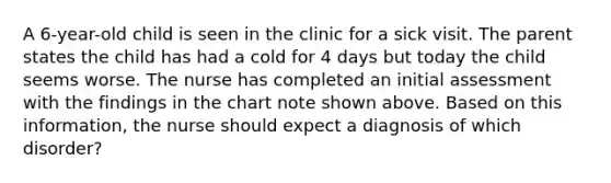 A 6-year-old child is seen in the clinic for a sick visit. The parent states the child has had a cold for 4 days but today the child seems worse. The nurse has completed an initial assessment with the findings in the chart note shown above. Based on this information, the nurse should expect a diagnosis of which disorder?