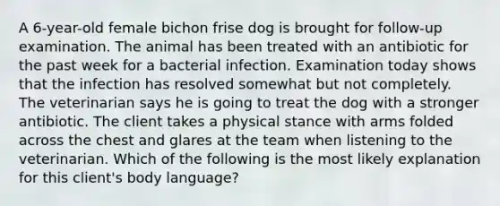 A 6-year-old female bichon frise dog is brought for follow-up examination. The animal has been treated with an antibiotic for the past week for a bacterial infection. Examination today shows that the infection has resolved somewhat but not completely. The veterinarian says he is going to treat the dog with a stronger antibiotic. The client takes a physical stance with arms folded across the chest and glares at the team when listening to the veterinarian. Which of the following is the most likely explanation for this client's body language?