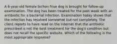 A 6-year-old female bichon frise dog is brought for follow-up examination. The dog has been treated for the past week with an antibiotic for a bacterial infection. Examination today shows that the infection has resolved somewhat but not completely. The client reports to have read on the Internet that the antibiotic prescribed is not the best treatment for the dog's condition but does not recall the specific website. Which of the following is the most appropriate response?