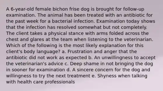 A 6-year-old female bichon frise dog is brought for follow-up examination. The animal has been treated with an antibiotic for the past week for a bacterial infection. Examination today shows that the infection has resolved somewhat but not completely. The client takes a physical stance with arms folded across the chest and glares at the team when listening to the veterinarian. Which of the following is the most likely explanation for this client's body language? a. Frustration and anger that the antibiotic did not work as expected b. An unwillingness to accept the veterinarian's advice c. Deep shame in not bringing the dog in sooner for examination d. A sincere concern for the dog and willingness to try the next treatment e. Shyness when talking with health care professionals