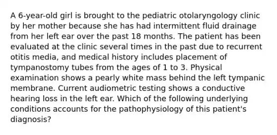 A 6-year-old girl is brought to the pediatric otolaryngology clinic by her mother because she has had intermittent fluid drainage from her left ear over the past 18 months. The patient has been evaluated at the clinic several times in the past due to recurrent otitis media, and medical history includes placement of tympanostomy tubes from the ages of 1 to 3. Physical examination shows a pearly white mass behind the left tympanic membrane. Current audiometric testing shows a conductive hearing loss in the left ear. Which of the following underlying conditions accounts for the pathophysiology of this patient's diagnosis?