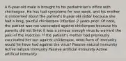 A 6-year-old male is brought to his pediatrician's office with chickenpox. He has had symptoms for one week, and his mother is concerned about the patient's 8-year-old sister because she had a long, painful chickenpox infection 2 years prior. Of note, the patient was not vaccinated against chickenpox because his parents did not think it was a serious enough virus to warrant the pain of the injection. If the patient's mother had previously vaccinated her son against chickenpox, what form of immunity would he have had against the virus? Passive natural immunity Active natural immunity Passive artificial immunity Active artificial immunity