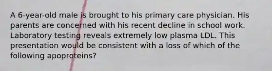 A 6-year-old male is brought to his primary care physician. His parents are concerned with his recent decline in school work. Laboratory testing reveals extremely low plasma LDL. This presentation would be consistent with a loss of which of the following apoproteins?