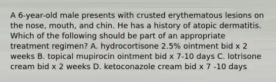 A 6-year-old male presents with crusted erythematous lesions on the nose, mouth, and chin. He has a history of atopic dermatitis. Which of the following should be part of an appropriate treatment regimen? A. hydrocortisone 2.5% ointment bid x 2 weeks B. topical mupirocin ointment bid x 7-10 days C. lotrisone cream bid x 2 weeks D. ketoconazole cream bid x 7 -10 days