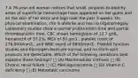 7 A 76-year-old woman notices that small, pinpoint-to-blotchy areas of superficial hemorrhage have appeared on her gums and on the skin of her arms and legs over the past 3 weeks. On physical examination, she is afebrile and has no organomegaly. Laboratory studies show a normal prothrombin time and partial thromboplastin time. CBC shows hemoglobin of 12.7 g/dL, hematocrit of 37.2%, MCV of 80 µm3 , platelet count of 276,000/mm3 , and WBC count of 5600/mm3 . Platelet function studies and fibrinogen level are normal, and no fibrin split products are detectable. Which of the following conditions best explains these findings? □ (A) Macronodular cirrhosis □ (B) Chronic renal failure □ (C) Meningococcemia □ (D) Vitamin C deficiency □ (E) Metastatic carcinoma