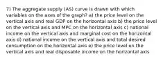 7) The aggregate supply (AS) curve is drawn with which variables on the axes of the graph? a) the price level on the vertical axis and real GDP on the horizontal axis b) the price level on the vertical axis and MPC on the horizontal axis c) national income on the vertical axis and marginal cost on the horizontal axis d) national income on the vertical axis and total desired consumption on the horizontal axis e) the price level on the vertical axis and real disposable income on the horizontal axis