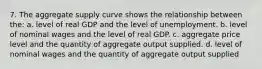 7. The aggregate supply curve shows the relationship between the: a. level of real GDP and the level of unemployment. b. level of nominal wages and the level of real GDP. c. aggregate price level and the quantity of aggregate output supplied. d. level of nominal wages and the quantity of aggregate output supplied