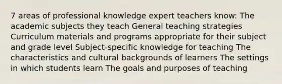 7 areas of professional knowledge expert teachers know: The academic subjects they teach General teaching strategies Curriculum materials and programs appropriate for their subject and grade level Subject-specific knowledge for teaching The characteristics and cultural backgrounds of learners The settings in which students learn The goals and purposes of teaching