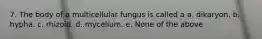 7. The body of a multicellular fungus is called a a. dikaryon. b. hypha. c. rhizoid. d. mycelium. e. None of the above