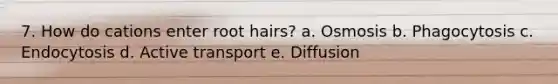 7. How do cations enter root hairs? a. Osmosis b. Phagocytosis c. Endocytosis d. Active transport e. Diffusion