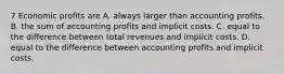 7 Economic profits are A. always larger than accounting profits. B. the sum of accounting profits and implicit costs. C. equal to the difference between total revenues and implicit costs. D. equal to the difference between accounting profits and implicit costs.