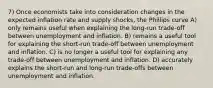 7) Once economists take into consideration changes in the expected inflation rate and supply shocks, the Phillips curve A) only remains useful when explaining the long-run trade-off between unemployment and inflation. B) remains a useful tool for explaining the short-run trade-off between unemployment and inflation. C) is no longer a useful tool for explaining any trade-off between unemployment and inflation. D) accurately explains the short-run and long-run trade-offs between unemployment and inflation.