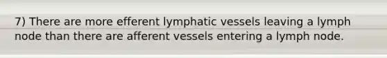 7) There are more efferent lymphatic vessels leaving a lymph node than there are afferent vessels entering a lymph node.