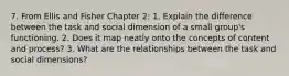 7. From Ellis and Fisher Chapter 2: 1. Explain the difference between the task and social dimension of a small group's functioning. 2. Does it map neatly onto the concepts of content and process? 3. What are the relationships between the task and social dimensions?