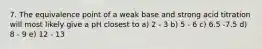 7. The equivalence point of a weak base and strong acid titration will most likely give a pH closest to a) 2 - 3 b) 5 - 6 c) 6.5 -7.5 d) 8 - 9 e) 12 - 13