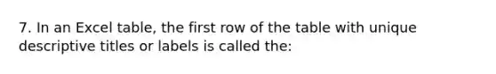 7. In an Excel table, the first row of the table with unique descriptive titles or labels is called the: