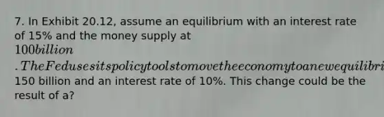 7. In Exhibit 20.12, assume an equilibrium with an interest rate of 15% and the money supply at 100 billion. The Fed uses its policy tools to move the economy to a new equilibrium at E2 with money supply of150 billion and an interest rate of 10%. This change could be the result of a?