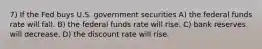 7) If the Fed buys U.S. government securities A) the federal funds rate will fall. B) the federal funds rate will rise. C) bank reserves will decrease. D) the discount rate will rise.