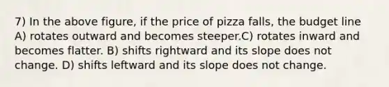 7) In the above figure, if the price of pizza falls, the budget line A) rotates outward and becomes steeper.C) rotates inward and becomes flatter. B) shifts rightward and its slope does not change. D) shifts leftward and its slope does not change.