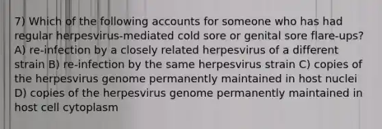 7) Which of the following accounts for someone who has had regular herpesvirus‐mediated cold sore or genital sore flare‐ups? A) re‐infection by a closely related herpesvirus of a different strain B) re‐infection by the same herpesvirus strain C) copies of the herpesvirus genome permanently maintained in host nuclei D) copies of the herpesvirus genome permanently maintained in host cell cytoplasm