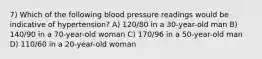 7) Which of the following blood pressure readings would be indicative of hypertension? A) 120/80 in a 30-year-old man B) 140/90 in a 70-year-old woman C) 170/96 in a 50-year-old man D) 110/60 in a 20-year-old woman