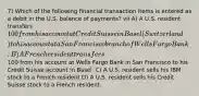 7) Which of the following financial transaction items is entered as a debit in the U.S. balance of payments? vii A) A U.S. resident transfers 100 from his account at Credit Suisse in Basel (Switzerland) to his account at a San Francisco branch of Wells Fargo Bank. B) A French resident transfers100 from his account at Wells Fargo Bank in San Francisco to his Credit Suisse account in Basel. C) A U.S. resident sells his IBM stock to a French resident D) A U.S. resident sells his Credit Suisse stock to a French resident.