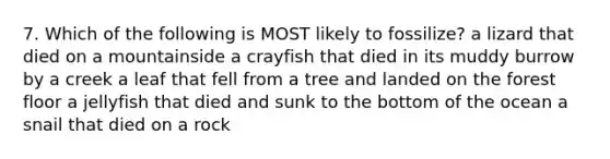 7. Which of the following is MOST likely to fossilize? a lizard that died on a mountainside a crayfish that died in its muddy burrow by a creek a leaf that fell from a tree and landed on the forest floor a jellyfish that died and sunk to the bottom of the ocean a snail that died on a rock