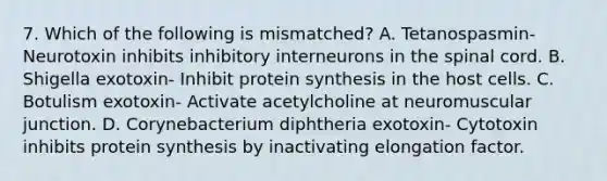 7. Which of the following is mismatched? A. Tetanospasmin- Neurotoxin inhibits inhibitory interneurons in the spinal cord. B. Shigella exotoxin- Inhibit protein synthesis in the host cells. C. Botulism exotoxin- Activate acetylcholine at neuromuscular junction. D. Corynebacterium diphtheria exotoxin- Cytotoxin inhibits protein synthesis by inactivating elongation factor.