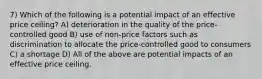 7) Which of the following is a potential impact of an effective price ceiling? A) deterioration in the quality of the price-controlled good B) use of non-price factors such as discrimination to allocate the price-controlled good to consumers C) a shortage D) All of the above are potential impacts of an effective price ceiling.