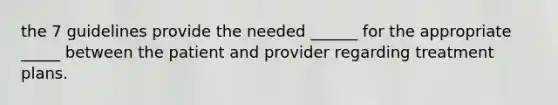 the 7 guidelines provide the needed ______ for the appropriate _____ between the patient and provider regarding treatment plans.