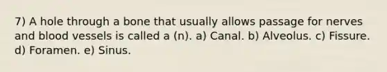 7) A hole through a bone that usually allows passage for nerves and blood vessels is called a (n). a) Canal. b) Alveolus. c) Fissure. d) Foramen. e) Sinus.