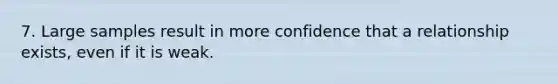 7. Large samples result in more confidence that a relationship exists, even if it is weak.