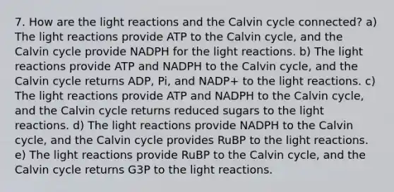 7. How are the light reactions and the Calvin cycle connected? a) The light reactions provide ATP to the Calvin cycle, and the Calvin cycle provide NADPH for the light reactions. b) The light reactions provide ATP and NADPH to the Calvin cycle, and the Calvin cycle returns ADP, Pi, and NADP+ to the light reactions. c) The light reactions provide ATP and NADPH to the Calvin cycle, and the Calvin cycle returns reduced sugars to the light reactions. d) The light reactions provide NADPH to the Calvin cycle, and the Calvin cycle provides RuBP to the light reactions. e) The light reactions provide RuBP to the Calvin cycle, and the Calvin cycle returns G3P to the light reactions.